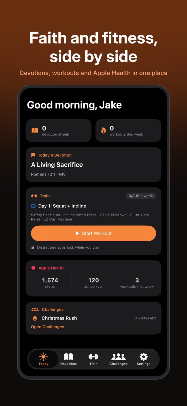 Sharpen Today screen with devotion, workout and Apple Health
